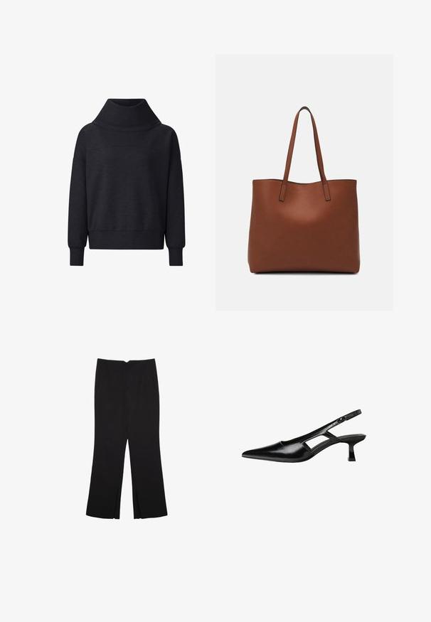 Sweatshirt oversize grigio scuro con colletto alto, maniche lunghe e polsini a coste. Realizzato in un tessuto morbido e testurizzato.; Pantaloni neri a gamba dritta, con tasche frontali e spacchi laterali all'orlo. Realizzati in tessuto morbido e liscio. Adatti a diverse occasioni.; Tacchi slingback in pelle verniciata nera con punta affusolata, design con tagli laterali e tacco quadrato piccolo. Texture liscia con dettagli minimi.; Borsa tote in pelle marrone con texture liscia, design con apertura superiore e due spallacci. Presenta cuciture minime e nessun hardware visibile.