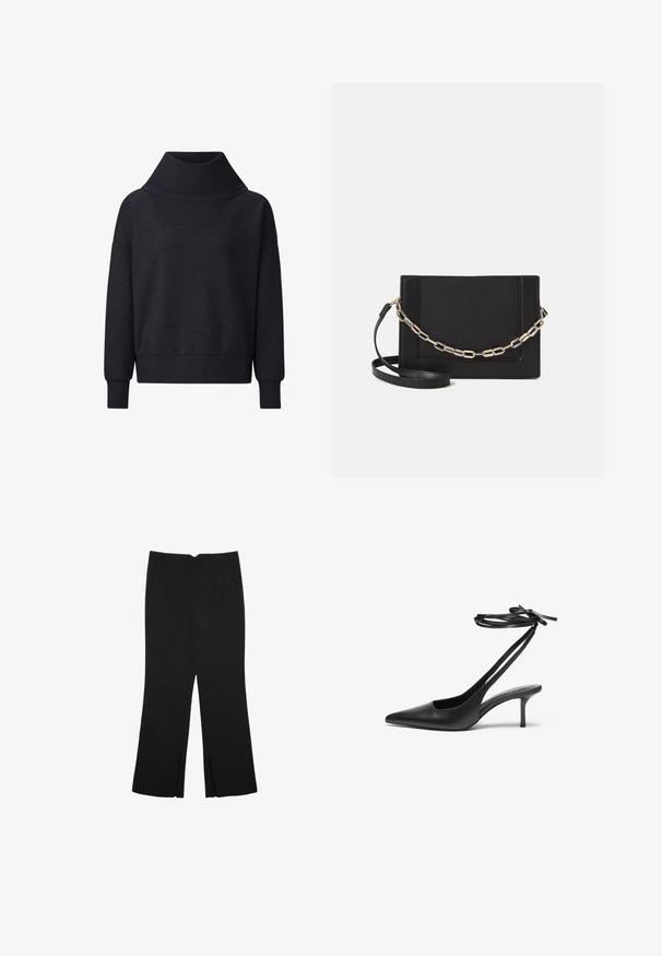 Ciemnoszara, over-size bluza z wysokim kołnierzem, długimi rękawami i prążkowanymi mankietami. Wykonana z miękkiego, fakturowanego materiału.; Czarne spodnie o prostym kroju, z przednimi kieszeniami i bocznymi rozcięciami na dole. Wykonane z miękkiego, gładkiego materiału. Odpowiednie na różne okazje.; Czarny skórzany but na wysokim obcasie w kształcie szpilki, z ostro zakończonym noskiem, otwartą tylnią częścią i zapięciem na kostkę związanym w kokardę. Smukły obcas o wysokości 3 cali. Gładka faktura, minimalistyczny design.; Czarna skórzana torebka typu crossbody z gładką teksturą, prostokątnym kształtem oraz metalowym detalem w postaci łańcuszka z przodu. W zestawie regulowany pasek.