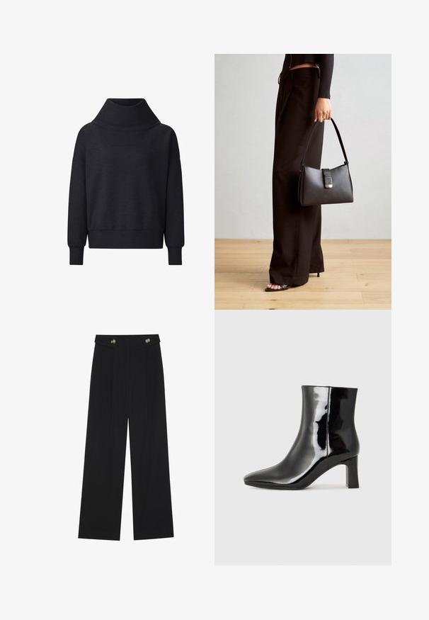 Ciemnoszara, over-size bluza z wysokim kołnierzem, długimi rękawami i prążkowanymi mankietami. Wykonana z miękkiego, fakturowanego materiału.; Czarne szerokie spodnie z wysokim stanem, z detalami w postaci guzików na pasku oraz plisami z przodu.; Czarne lakierowane botki za kostkę z wysmukłym noskiem i średniej wysokości obcasem w kształcie słupka. Gładka tekstura i minimalistyczny design.; Czarna torebka o usztywnionym kształcie, gładkiej fakturze i metalowym zapięciem. Połączona z szerokimi czarnymi spodniami i sandałami na otwartym palcu na drewnianej podłodze.
