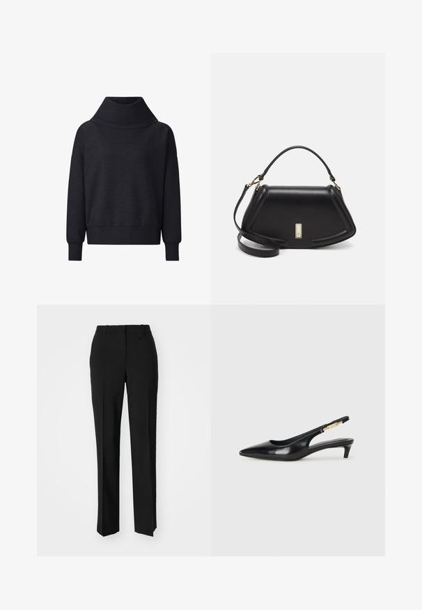 Sweatshirt oversize grigio scuro con colletto alto, maniche lunghe e polsini a coste. Realizzato in un tessuto morbido e testurizzato.; Pantaloni neri su misura con un design a gamba dritta, caratterizzati da una texture liscia e pieghe ben definite sul davanti. Senza hardware visibile.; Tacchi slingback in pelle nera con punta affusolata, caratterizzati da un tacco alto e un accento dorato sulla cinghia regolabile. Texture liscia.; Borsa a mano in pelle nera con un design strutturato, caratterizzata da una forma corta, manico superiore e accessori in metallo dorato. Inclusa tracolla regolabile.