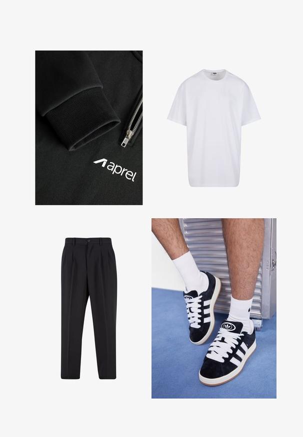 Zwarte hoodie met rits, gemaakt van een gladde, gestructureerde stof, geribde manchetten en een wit logo "aprel" op het borstgebied.; Witte katoenen t-shirt met korte mouwen, ronde hals, relaxte pasvorm en zonder zichtbare logo's of patronen. Gladde textuur en minimalistisch ontwerp.; Zwarte broek met een geplooid design aan de voorkant, gemaakt van soepel stof. Voorzien van een knoopsluiting en riemlussen; rechte pasvorm.; Zwarte suède sneakers met witte veters en drie witte strepen. Heeft een cirkelvormig zwart logo op de tong en een gumrubberen zool.