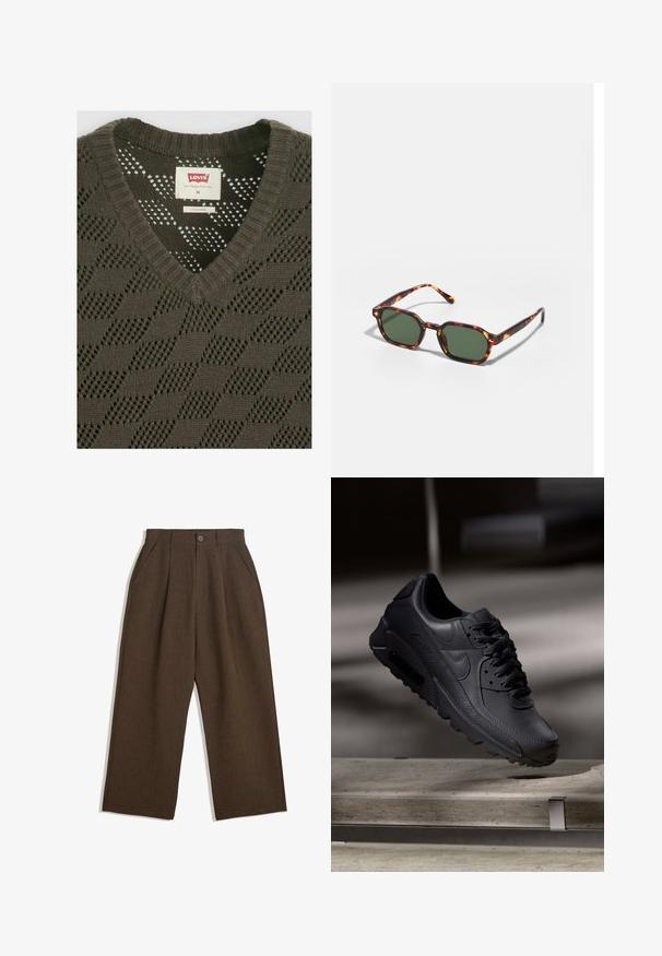 Donkergroen gebreid trui met een V-hals, voorzien van een gestructureerd ruitpatroon en een Levi's label in de hals.; Korte mouwen, donkervogel shirt van textuurstof. Voorzien van een knoopsluiting aan de voorkant en twee borstzakken. Casual ontwerp met een relaxte pasvorm.; Bruine geplooide broeken met een wijdvallend ontwerp, voorzien van een knoopsluiting en zijzakken, gemaakt van een textiel dat geschikt is voor casual wear.; Zwarte Nike Air Max sneakers met een bovenwerk van gestructureerd leer, rubberen zool en een opvallend vetersysteem, dat een strakke, moderne uitstraling heeft.; Tortoiseshell zonnebrillen met groene glazen, met een octagonaal formaat en slanke, gebogen armen. Materiaal heeft een glanzende afwerking.