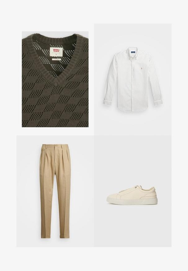 Mörk olivgrön stickad tröja med V-ringning, med ett strukturerat diamantmönster och en Levi's etikett inuti halsringningen.; Vit skjorta med ljusblå vertikala ränder, långa ärmar, knäppt krage och liten broderad logotyp på vänster bröst.; Beiga linnbyxor med rak passform, med två framveck, knappstängning och sidofickor. Strukturerad tyg med en mjuk yta.; Beige lädersneaker med rund tå, minimalistisk design, subtila stygndetaljer och en texturerad ovandel, på en ljus sula.