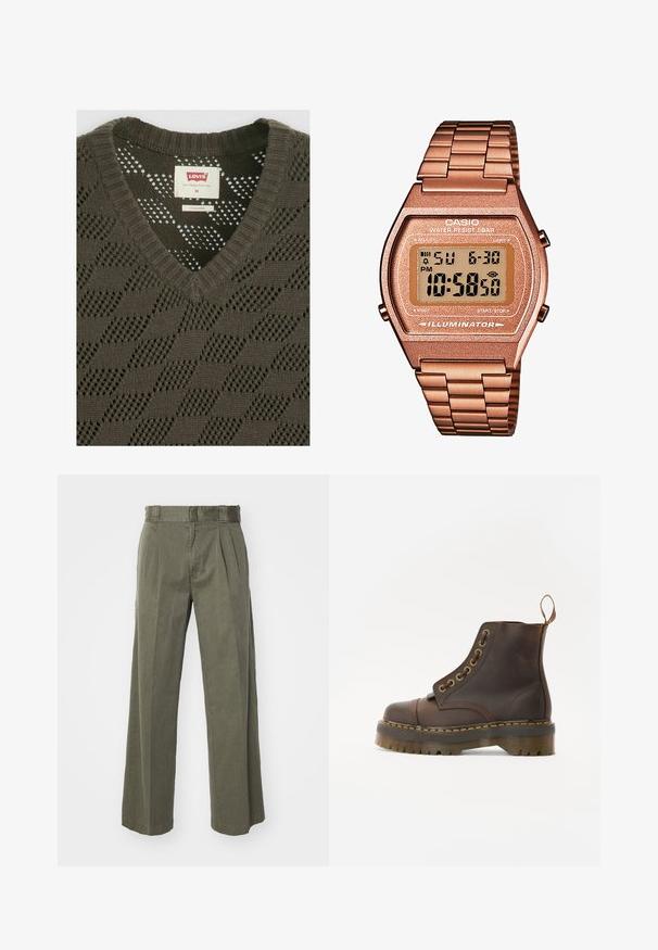 Maglione lavorato a maglia di un verde oliva scuro con scollo a V, caratterizzato da un motivo a rombi testurizzato e un'etichetta Levi's all'interno del colletto.; Pantaloni verde oliva con un design ampio e svasato, dotati di pieghe frontali. Realizzati in tessuto strutturato, con una vita standard e senza elementi di fissaggio visibili.; Stivale alla caviglia in pelle marrone con punta tonda, cuciture gialle a contrasto, occhielli decorativi in metallo e suola in gomma scanalata.; Orologio digitale Casio con cinturino in metallo rosa dorato, cassa rettangolare, display illuminato e resistenza all'acqua, che mostra l'ora e la data.