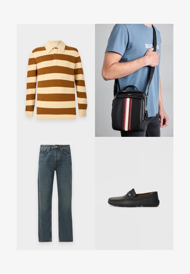 PRUUNI ja kreemi triibuline pika varrukaga polo-särk, millel on klassikaline krae ja soonikkoes varrukad, valmistatud tekstureeritud kudumifrokust.; Tumed sinine denimist teksad sirge jala disainiga, viie tasku, nööbiga sulgemise ja kontrastsete õmbluse detailidega.; Mustast nahast mokassiinitüüpi kingad, millel on ümar nina, õmmeldud detailid ja dekoratiivne rihm. Paindlik tallaga mugavuse tagamiseks.; Mustast nahkrist crossbody kott punaste, valgete ja beežide vertikaalsete triipudega. Omab ülemist sangast ja reguleeritavat rihma. Nähtav lukuga sulgemine.
