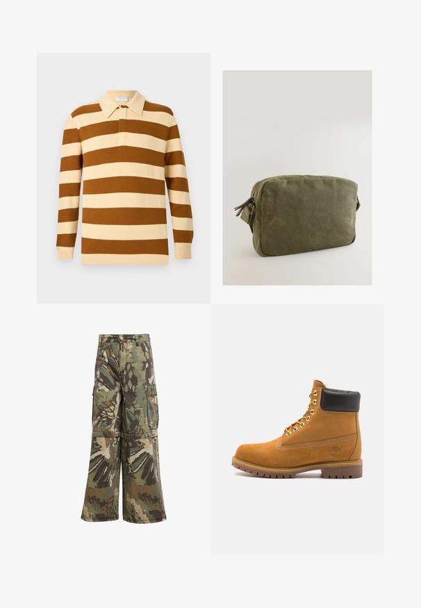 Brązowa i kremowa, w paski, koszulka polo z długim rękawem, z klasycznym kołnierzykiem i ściągaczami przy mankietach, wykonana z fakturowanej dzianiny.; Spodnie cargo w kamuflażu o szerokim kroju, wykonane z trwałej tkaniny w odcieniach zieleni, brązu i beżu, z kieszeniami cargo oraz zapięciem na guzik.; Beżowe zamszowe botki sięgające kostki z czarną wyściełaną krawędzią, złotymi oczkami, białymi detalami szycia oraz wytrzymałą gumową podeszwą z wyraźnym bieżnikiem.; Zielona oliwkowa torba wykonana z płótna o prostokątnym kształcie, z zamkiem błyskawicznym i skórzanymi akcentami przy uchwycie zamka.