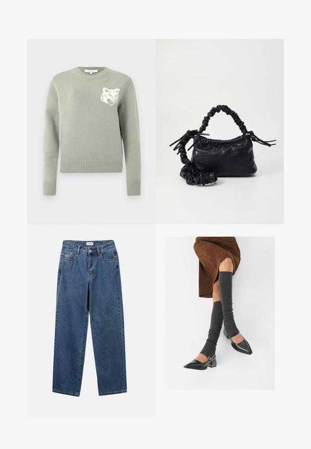 Maglione lavorato a maglia verde chiaro con collo rotondo, polsini e orlo a costine, caratterizzato da una grafica di un lupo bianco sul petto. Texture morbida.; Jeans in denim blu classico con design a gamba dritta, cinque tasche e chiusura con bottone. Presentano un lavaggio medio e una trama robusta.; Scarpe nere in pelle verniciata con punta affilata, tacco a blocco e cinturino alla caviglia, abbinate a scaldamuscoli grigi a coste e una gonna in suede marrone.; Borsa a tracolla in ecopelle nera con texture a coccodrillo, apertura cinchata e tracolla arricciata. Si presenta con un design morbido e compatto.