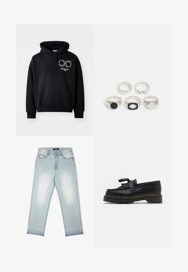 Svart hettegenser laget av bomullsblanding, med en frontlomme, snørehette og hvit grafisk tekstdesign på brystet.; Pegador BARROW - Løst sittende jeans - sand washed blue; Svart skinn loafers med en kvastdetalj, med en tjock svart sula och gul sömnad längs kanten. Texturerad yta.; Fem sølvringer: en med et svart sirkulært detalj, en med et hvitt og svart geometrisk mønster, og de andre med forskjellige former og overflater.