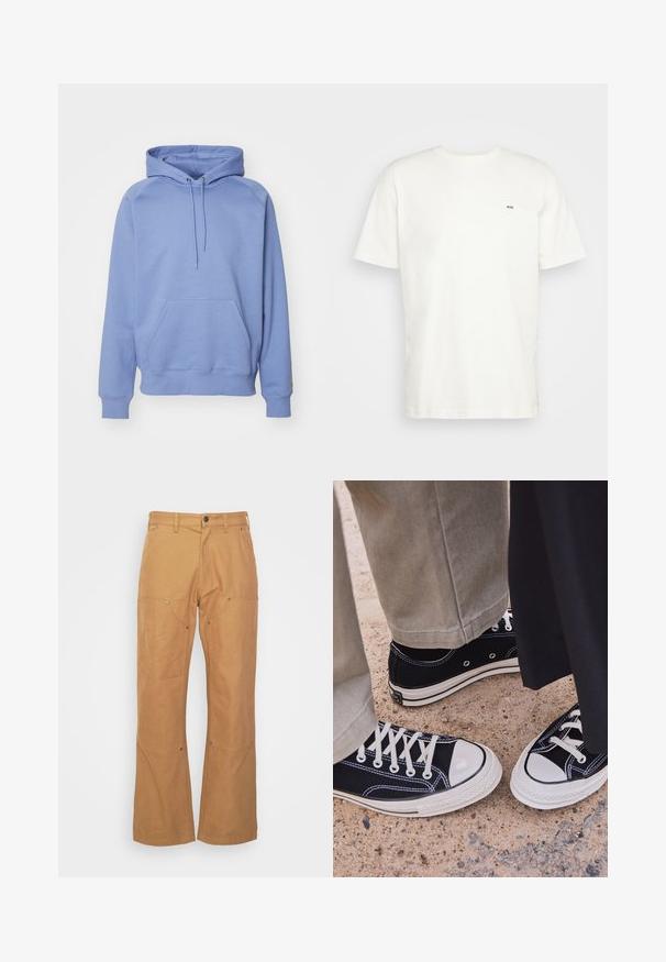 Gaiši zils kapucis, izgatavots no kokvilnas maisījuma. Tam ir priekšējais kangaroos kabata, ribota maliņa un brīva piegriezuma forma.; Balta kokvilnas t-krekls ar apaļu izgriezumu, īsām piedurknēm un mazu melnu "W.W." logotipu kreisajā krūtī. Gluda tekstūra, regulāra piegrieznes.; Beige kravu bikses, kas izgatavotas no izturīga auduma, ar sānu kabatām, metāla detaļu akcentiem, taisnu kāju griezumu un parastu vidukli.; Melni kanvas sporta apavi ar baltām gumijas pirkstgaliem un auklēm. Kontrastējoša dūkošana un metāla acu caurumi piešķir akcentus. Valkāti ar beidžu krāsas biksēm un melnu audumu.