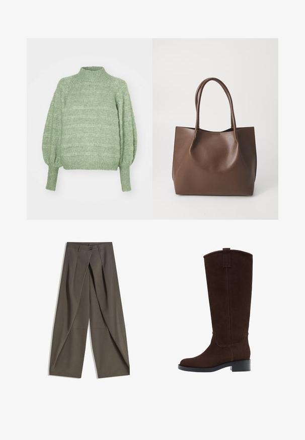 Vihreä neulepaita, jossa on korkea kaulus, pitkät puffihihat ja ribbireunat. Ominaisuuksiin kuuluu teksturoitu, vaakasuuntainen raidoitus.; Laahustetut leveät housut tummasta harmaasta kankaasta. Varustettu etupleatilla, nappikiinnityksellä ja sivutaskuilla käytännöllisyyden vuoksi.; Ruskohvased nahast põlvini saapad, millel on ümar varvas, diskreetne õmblus ja madal blokknokk; ülaosas on mugav tõmbevahe, mis lihtsustab nende selga panemist.; Ruskea nahkatote-laukku, jossa on kaksi pitkää kahvaa, ryhdikäs muoto, sileä pinta ja minimalismi. Ei näkyvää metalliosaa tai koristeita.