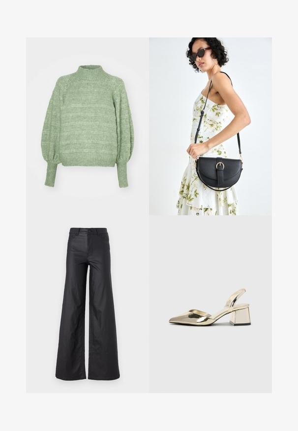 Zelena pletena pulover s visokim ovratnikom, dugim balonerskim rukavima i rebrastim manžetama. Ima teksturirani uzorak horizontalnih pruga.; Crne široke hlače od umjetne kože. Imaju visoki struk, petlje za remen, dva prednja džepa i šivanu obradu.; Zlatni metalik slingback sandali s šiljatim vrhom i debelim potpeticama. Glatka tekstura, minimalistički dizajn i uski remen.; Crna kožna torba s lukovitim oblikom, odvojivim remenom i zlatnim detaljima. Torba ima preklop s kopčom.; Zlatne kružne naušnice, četiri komada, glatka završna obrada, zaobljenog dizajna, različitih veličina, s kavljem za lako stavljanje.