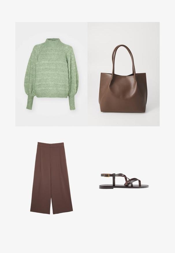 Maglione verde lavorato a maglia con colletto alto, maniche lunghe a palloncino e polsini a costine. Presenta un motivo a righe orizzontali testurizzate.; Pantaloni ampi marroni con una texture liscia, caratterizzati da una vita alta e pieghe frontali. Il tessuto è leggero e scorre liberamente.; Sandal in pelle marrone con cinturini incrociati, chiusura con cinturino alla caviglia e suola piatta con dettagli di cucitura minimi.; Borsa tote in pelle marrone con due manici lunghi, forma strutturata, superficie liscia e design minimalista. Nessun hardware o accento visibile.