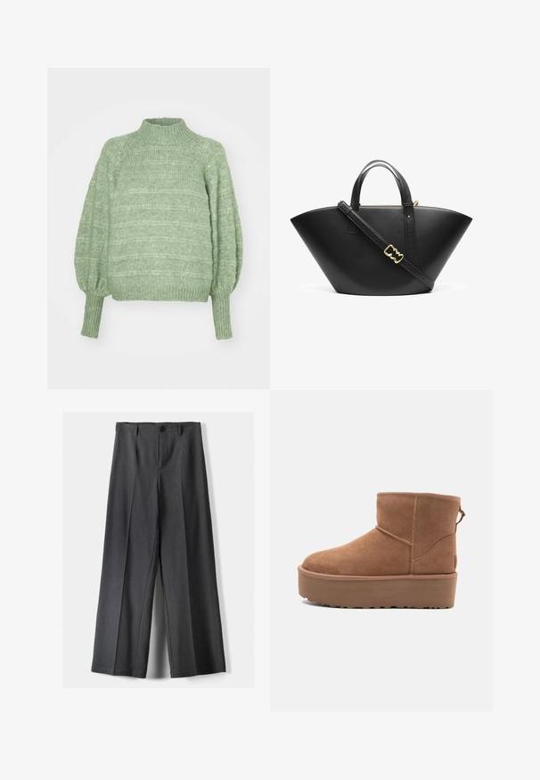 Groene gebreide trui met een hoge kraag, lange ballonmouwen en geribbelde boorden. Heeft een textuur met een horizontaal streepjespatroon.; Wijde broek in donkergrijze stof, met een knoopsluiting, voorplooien en riemlussen. Gladde textuur met een op maat gemaakte uitstraling.; Tan suède enkellaars met een platformzool, ronde neus en stiksels; heeft een trekband aan de achterkant voor gemakkelijke instap.; Zwarte leren tote bag met een brede, hoekige vorm. Voorzien van dubbele handgrepen aan de bovenkant en een verstelbare schouderband met een gouden hardwareaccent.