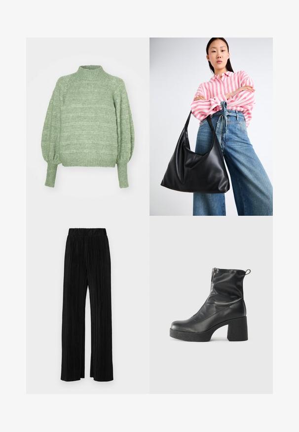 Zaļš adīts džemperis ar augstu apkakli, garām bumbulveida piedurknēm un ribotiem roku galiem. Tam ir teksturēts horizontāls svītru raksts.; Melni plīšu bikses ar elastīgu jostu. Tām ir platākas kājas un gluda, teksturēta auduma ar vertikālām svītrām.; Melni potītes zābaki, kas izgatavoti no gludas ādas, ar sānu rāvējslēdzēju, masīvu strukturētu papēdi un noapaļotu purngalu.; Melnas ādas plecu soma ar vaļīgu formu un šuvju detaļām. Modelis valkā rozā un baltu svītrainu kreklu ar plaša kāju ziliem džinsiem.