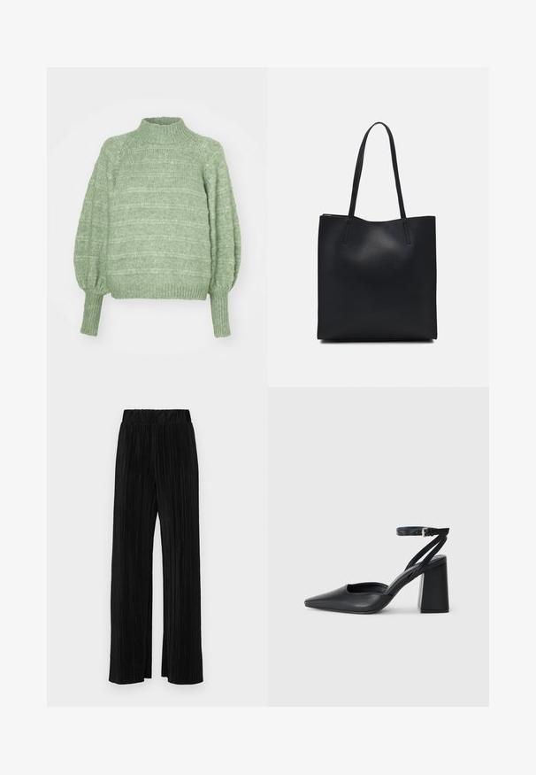 Zöld kötött pulóver magas gallérral, hosszú, ballonujjúval és bordás mandzsettával. Texturált, vízszintes csíkozással rendelkezik.; Fekete pliszírozott nadrág gumis derekkal. Széles lábakkal rendelkezik, sima, texturált anyagból készült, függőleges csíkokkal.; Fekete bőr, hegyes orrú magassarkú cipő boka pánttal és vastag sarokkal. Sima textúra, elegáns dizájn és minimális esztétika.; Fekete bőrtáska sima felszínnel, téglalap alakú, két hosszú füllel. Nincs látható fémkiegészítő vagy díszítés.