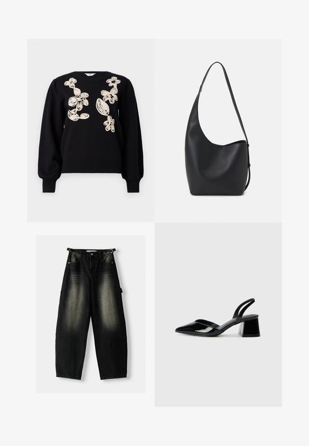 Black sweater with long, puffed sleeves and a round neckline. Features beige embroidered abstract designs on the front. Soft, textured fabric.; Baggy black denim pants with a faded texture, five pockets, and a loop on the waistband. The design features a loose fit and straight legs.; Black patent leather slingback heels with a pointed toe and a geometric block heel. Features a sleek, minimal design and smooth texture.; Black leather hobo bag with a smooth texture, curved shape, and single adjustable strap; features a wide opening at the top.