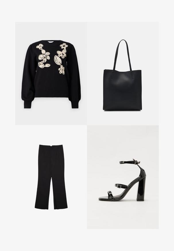 Sort sweater med lange, puffede ærmer og rund halsudskæring. Har beige broderede abstrakte designs på forsiden. Blødt, tekstureret stof.; Sorte bukser med lige pasform, der har frontlommer og slidser i kanten. Lavet af blødt, glat stof. Velegnet til forskellige anledninger.; Sorte patenterede hælsandaler med firkantet tå, ankelremme og sølvspænder. Har en chunky blokHæl for stabilitet.; Sort læder tote taske med glat tekstur, rektangulær form og to lange hanke. Ingen synlig hardware eller udsmykninger.