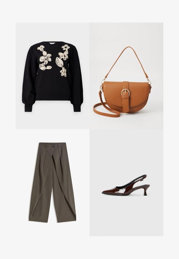 Sort sweater med lange, puffede ærmer og rund halsudskæring. Har beige broderede abstrakte designs på forsiden. Blødt, tekstureret stof.; Vide bukser lavet af et struktureret, mørkegråt stof. Har en frontfald, knaplukning og sidelommer for praktisk anvendelse.; Brun patenteret læder slingback sko med spids tå og en moderat hæl. Har en spænde rem for en sikker pasform. Glat tekstur.; Brun læder crossbody taske med en buet form, guldfarvet hardware og en spændeaccent. Har en aftagelig skulderrem.