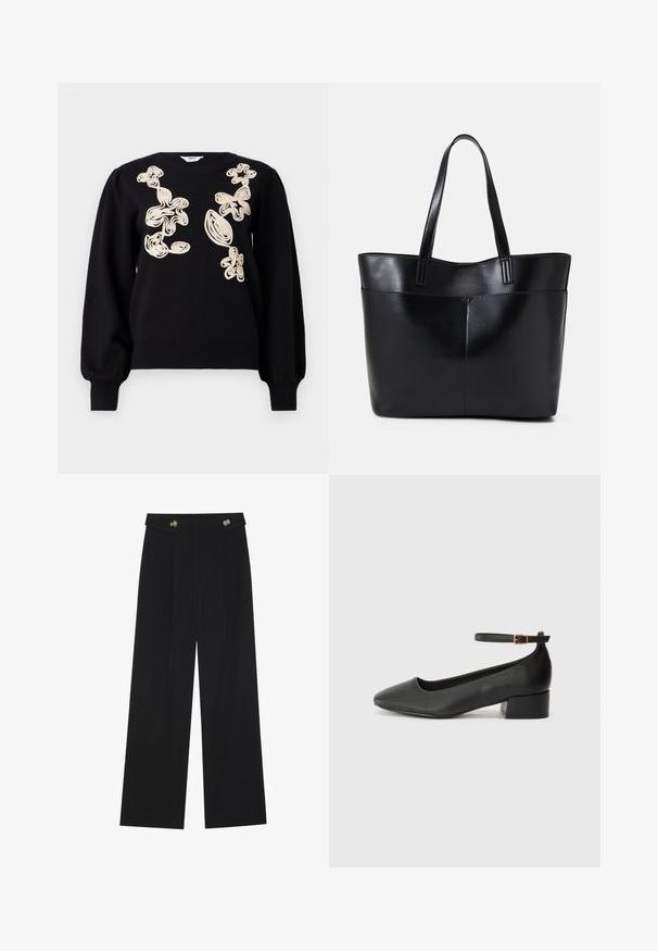 Pull noir à manches longues et bouffantes avec un col rond. Présente des motifs abstraits brodés beiges sur le devant. Tissu doux et texturé.; Pantalons larges noirs à taille haute, avec des détails de boutons à la taille et des plis sur le devant.; Escarpin en cuir noir avec un bout pointu et un petit talon bloc. Doté d'une bride de cheville avec une boucle dorée. Texture lisse.; Sac fourre-tout en cuir noir avec deux longues poignées, une texture lisse et une forme structurée. Dispose d'une poche avant pour un rangement supplémentaire.