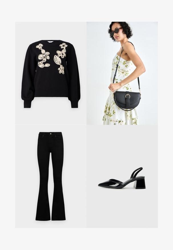 Juodas megztinis su ilgomis, pūkuotomis rankovėmis ir apvaliu iškirpimu. Priekyje yra smėlio spalvos siuvinėti abstraktūs raštai. Minkšta, šiurkšti medžiaga.; Juodos aukšto liemens džinsai su mygtuku ir užtrauktuku, priekinėmis kišenėmis ir platėjančiomis kojomis, išdėstyti ant baltos fono.; Juodos lakuotos odinės šlepetės su smailiu pirštu ir geometriniu bloko kulnu. Turi elegantišką, minimalistinį dizainą ir lygų paviršių.; Juodas odinis krepšys su išlenkta forma, nuimamu dirželiu ir auksiniais detalėmis. Krepšys turi kilpą su sagtimi.