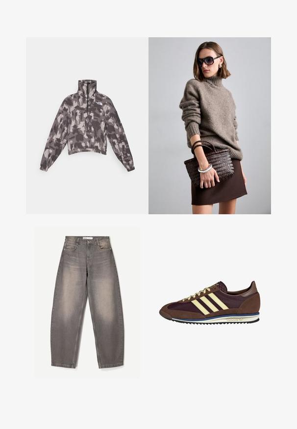 Pullover in fleece con motivo camouflage grigio e nero, collo alto con zip sul davanti, maniche lunghe, polsini a coste e logo del marchio sul petto.; Jeans grigi larghi realizzati in denim, con leggeri sbiadimenti, design a cinque tasche, passanti per cintura e chiusura con bottone in vita.; Sneaker marrone e bordeaux realizzato in materiali scamosciati e in rete, caratterizzato da tre strisce color crema, tessuto testurizzato sulla linguetta e suola in gomma.; DRAGON DIFFUSION MINI FLAT GORA - Borsa a mano - dark brown