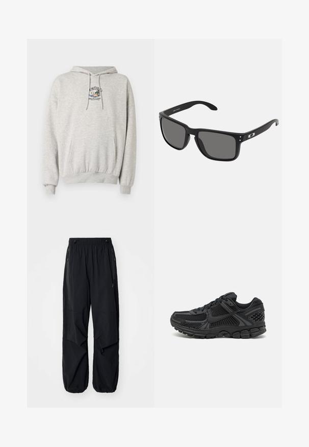 Svetlošedá mikina z kombinácie bavlny, s predným vreckom typu kengura, rebrovanými manžetami a spodným lemom, s vyšívaným logom na hrudi.; Čierne ľahké cargo nohavice s elastickým pásom, bočnými zipsami a priestrannými vreckami. Majú voľný strih a zúžené manžety.; Čierna športová obuv s vrchnou časťou z sieťoviny, gumovou podrážkou a textúrovanými prvkami. Dizajn zahŕňa výrazný systém šnurovania a polstrovanú podrážku.; Čierne slnečné okuliare s hrubým plastovým rámom, tmavošedými sklami a jemnými kovovými akcentmi na stranách. Štvorcový tvar s hladkým povrchom.