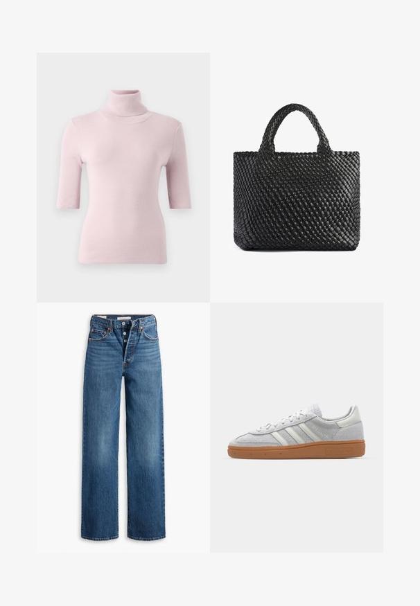 Svetlo roza kratkosleevni pulover s turtleneck iz rebraste pletenine, ki se ponaša z ožjim krojem in gladkim zaključkom.; Modri traper hlače širokega kroja, s petimi žepi, gumbnim zapiranjem in kontrastnim šivanjem. Tekstilirana tkanina z utrujenim koncem.; Svjetlo sivi suedesni sportski cipeli s bijelim kožnim naglascima, tri bijele pruge i smeđi gumeni potplat, s podstavljenim ovratnikom za udobnost.; Črna tkaninasta torba s two ročaji, ki ima teksturirano površino in pravokotno obliko. Preprost, edinstven dizajn brez vidne opreme.