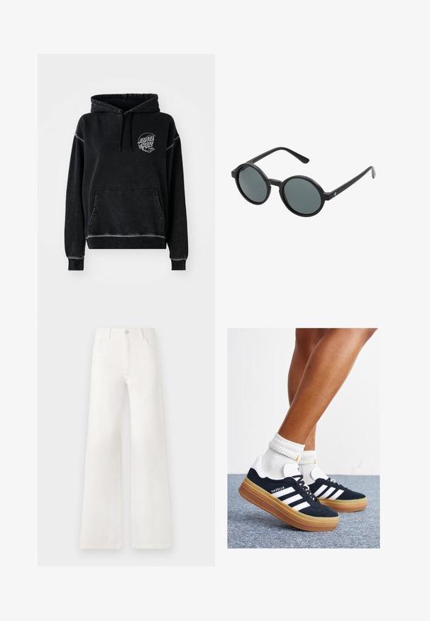 Melnā kapuce ar priekšējo kabatu, regulējamā kapuce un apaļa balta logo ar tekstu "SANTA CRUZ." Mīksta, samitrināta tekstūra.; Baltas, augsto jostasvietu platās kājas džinsi, izgatavoti no denima. Iekļauj pogu aizdari, divas priekšējās kabatas un sānu šuves ar šuvju detaļām.; Melnas zamšādas sporta kurpes ar baltām svītrām un akcentiem, apaļa purngala daļa, gumijas zole, kopā ar baltām ribotām sporta zeķēm.; Apaļas saulesbrilles ar melnu plastmasas rāmīti un tumši pelēkiem stikliem. Iezīmē plānas, taisnas kājas ar minimālistiskiem akcentiem.; Zelta krāsas auskari gredzena formā, plāni un apaļi, ar gludu metāla apdari un bez rotājumiem vai zīmējumiem.