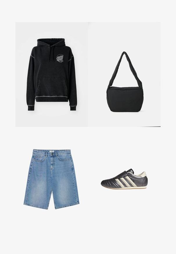 Moletom preto com um bolso frontal, capuz com cordão e um logotipo circular branco com "SANTA CRUZ." Textura suave e escovada.; Bermudas de denim em azul claro com corte reto, design de cinco bolsos e costura em contraste. Apresenta um fecho com botão e zip.; Sapatilha atlética em couro preto e cinza, com biqueira arredondada, design tipo slip-on e três riscas brancas de destaque na lateral. Sola de borracha plana.; Saco preto de ombro com uma textura almofadada, uma forma arredondada e uma alça larga, apresentando um logótipo em relevo na parte da frente.