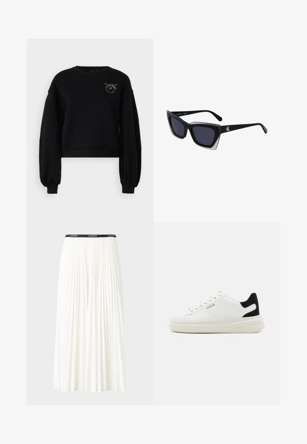 Juodas trumpas sportinis megztinis su ilgomis, pūstomis rankovėmis. Papuoštas tekstūruotu logotipo akcentu, papuoštu metaliniais akcentais ant krūtinės.; Pleated balta sijonas su juodu elastiniu juosmeniu, ant kurio yra "LACOSTE" logotipas. Vidutinio ilgio dizainas su švelnia tekstūra.; Baltos odinės sportbačiai su storu baltu padu, juodu nubuko kulno akcentu ir iškilmingu logotipu šone. Su raišteliais, turinčiais šešis akinius.; Juodos didelės saulės akinių su geometrine forma, turinčiais tamsius objektyvus ir kontrastingą pilką detalę ant rėmelio. Logotipas ant šalon.