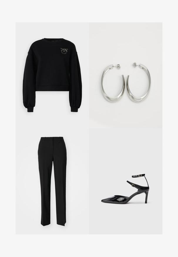 Sweatshirt preto cropped com mangas longas e bufantes. Possui um logotipo texturizado decorado com ornamentos metálicos no peito.; Calças pretas de corte ajustado com um design de perna reta, apresentando uma textura lisa e pregas bem definidas na frente. Sem hardware visível.; Sapatos de salto alto em pele sintética preta, com bico fino, tiras ajustáveis ao tornozelo e um salto esguio. Textura suave com um acabamento brilhante.; Pendentes de argola prateados com um design liso e curvado. Apresentam um acabamento metálico brilhante e fecho de pressão. Sem padrões ou detalhes visíveis.