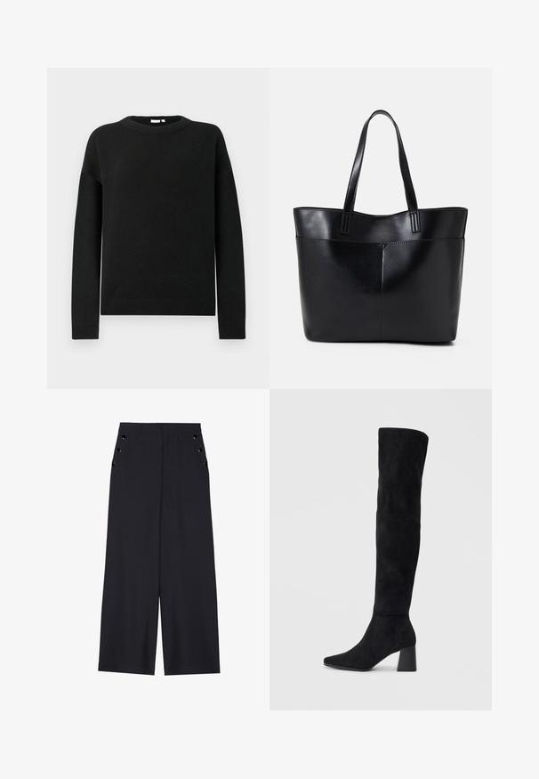 Sweater de manga longa preto com gola redonda, com punhos e bainha canelados, exibido sobre um fundo cinza claro liso.; Calças largas de tecido azul marinho escuro, com uma textura suave, pregas frontais e ilhoses decorativos em tom dourado nos bolsos laterais.; Bota de camurça preta até ao joelho com salto bloco, bico fino e design suave e sem costuras sobre um fundo claro.; Bolsa tote preta em couro com duas alças longas, textura suave e forma estruturada. Apresenta um bolso frontal para armazenamento adicional.