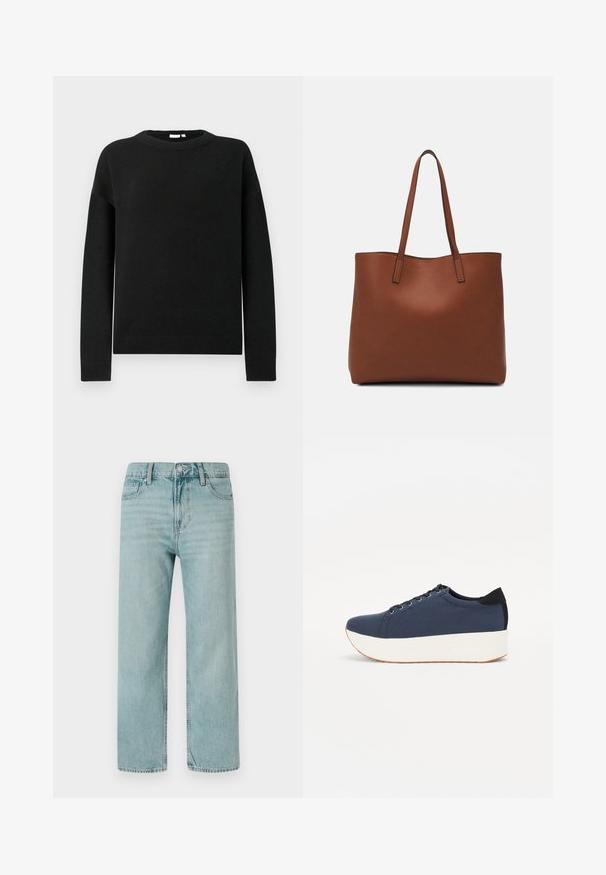 Must või pikkade varrukatega crewneck-sviiter, millel on ribatud mansetid ja alläär, esitlemisel helesinise halli taustal.; Heledad sinine lai leg jeans, mis on valmistatud denimist, klassikalise viie tasku disainiga, puhaste joontega ning regulaarse vöökohtadega, millel on nupuvajutus.; Tumedat sinised tennised tekstureeritud riidest pealispinnaga, valge platvormi tallaga, ümarate varvaste ja musta kontsapaneeliga. Omab kuut silma paelte jaoks.; Pruun nahast tote-kott, millel on sile tekstuur, avatud ülaosa disain ja kaks õlarihma. Omab minimaalset õmblust ja nähtavat riistvara ei ole.