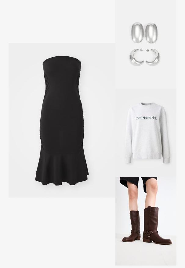 Sweat-shirt en coton gris avec un col rond, des poignets côtelés et un grand logo réfléchissant "carhartt" sur le devant.; Robe noire sans bretelles en tissu extensible, avec des fronces sur les côtés et un ourlet évasé. Texture lisse avec une silhouette ajustée.; Bottes en cuir marron jusqu'au genou avec un bout arrondi, une surface texturée, une sangle au niveau de la cheville et des détails en métal argenté ; talon empilé.; Ensemble de boucles d'oreilles couleur argent : deux clous d'oreilles ovales et deux créoles en forme de croissant, présentant une finition brillante et lisse ainsi qu'un design arrondi.