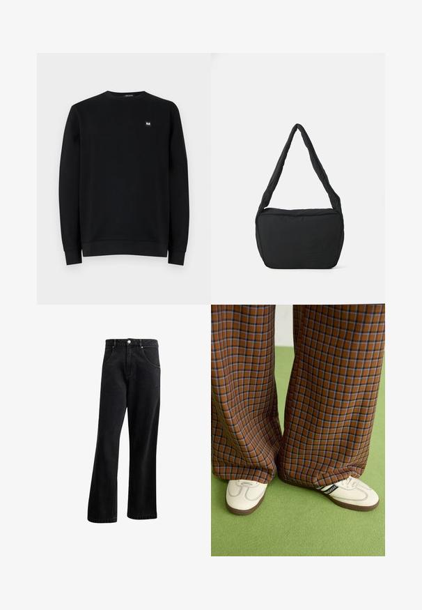 Svart hettegenser, rund hals, lange ermer, laget av mykt stoff. Har et lite logomerke på brystet. Ren design, ingen mønstre.; Svarte denimjeans med rette ben, med frontlommer, knappestenge og lett tekstur. Inkluderer en subtil logo-detalj.; Brune og blå rutete vide bukser sammen med hvite sko med svarte detaljer og teksturerte såler, satt mot en grønn bakgrunn.; Svart skulderveske med polstret tekstur, rund form og bred stropp, med et preget logo på forsiden.