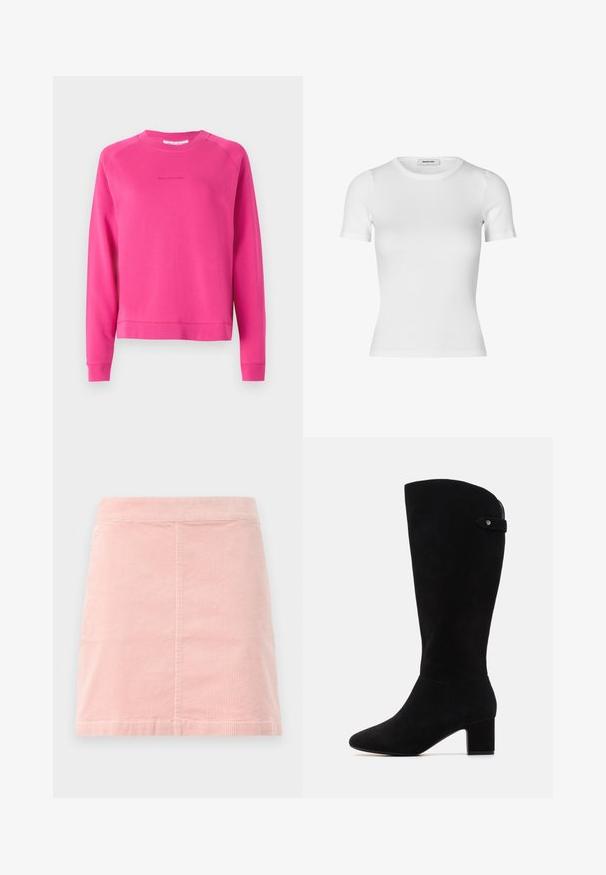 Hot pink sweatshirt made of soft fabric, featuring a crew neck and long sleeves, with a subtle logo printed on the front.; White short-sleeve t-shirt made from ribbed material. Features a round neckline and a fitted silhouette. Smooth texture with no patterns.; Pink corduroy mini skirt with a fitted waist and vertical ribbed texture. The hem is straight, and it features a simple design with no embellishments.; Black suede knee-high boots with a pointed toe and block heel. Features a smooth texture and a simple design, with a side strap accent.