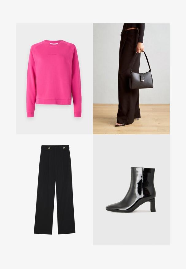 Ružičasti dukserica izrađena od mekane tkanine, s okruglim izrezom i dugim rukavima, s diskretnim logotipom otisnutim sprijeda.; Crne hlače širokih nogavica s visokim strukom, s dugmadi na pojasu i prednjim nabora.; Crne lakirane kožne gležnjače s šiljastim prstom i srednje visokom blok petom. Glatka tekstura i minimalistički dizajn.; Crna torba s oblikom koji sadrži strukturu, glađu teksturu i metalnu kopču. Uparena s širokim crnim hlačama i sandalama na otvorenom s drvenog poda.