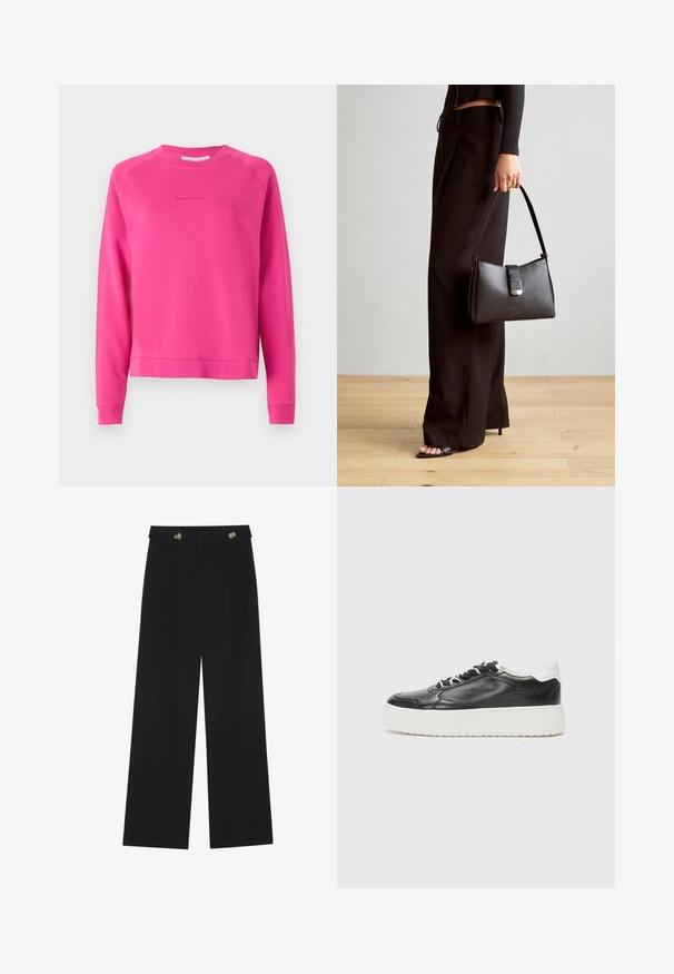 Ružičasti dukserica izrađena od mekane tkanine, s okruglim izrezom i dugim rukavima, s diskretnim logotipom otisnutim sprijeda.; Crne hlače širokih nogavica s visokim strukom, s dugmadi na pojasu i prednjim nabora.; Kennel + Schmenger BANG - Tenisice - schwarz/bianco; Crna torba s oblikom koji sadrži strukturu, glađu teksturu i metalnu kopču. Uparena s širokim crnim hlačama i sandalama na otvorenom s drvenog poda.