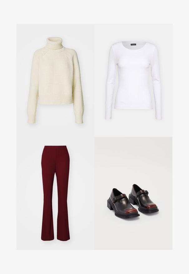 Pulover crem cu guler înalt, cu o textură groasă de tricot, design scurt, și manșete și tiv cu model ridicat. Are mâneci raglan.; Top alb cu dungi, cu mânecă lungă și guler rotund. Fabricat dintr-un material elastic care se îmbină cu corpul. Are linii orizontale subtile.; Pantaloni burgundy cu rimă, cu o talie elastică. Prezintă o textură netedă și o siluetă ajustată, extinzându-se până la un tiv evazat.; Pantofi cu toc pătrat din piele, cu o finisare lucioasă de burgundă închisă, având o curea cu cataramă și un design cu vârf rotund. Talpa texturată pentru aderență.