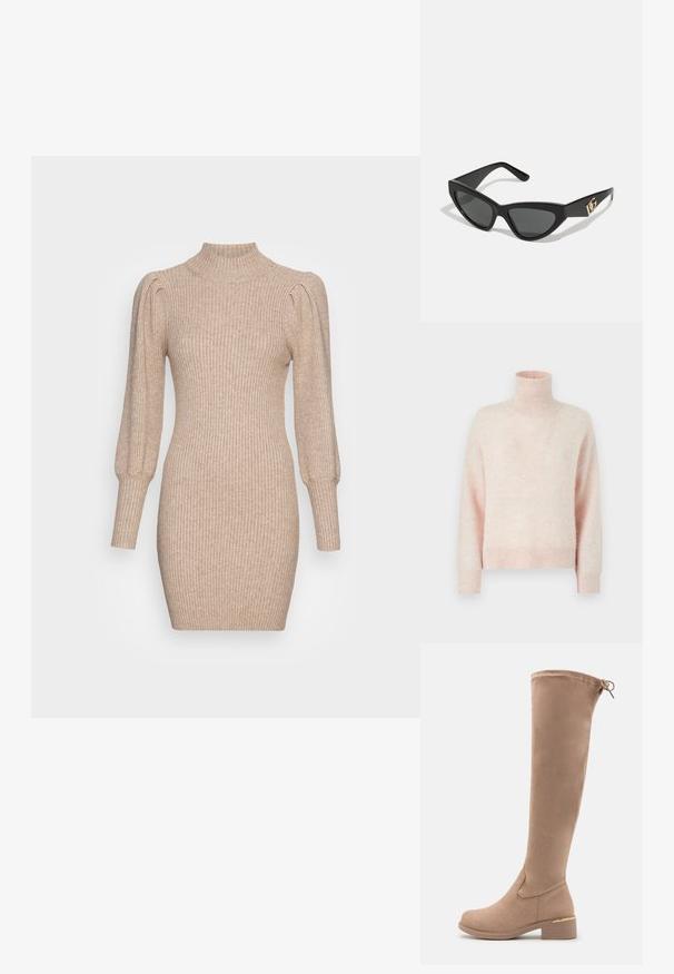 Pull léger rose avec un col roulé haut, des manches longues et une finition douce et texturée. Présente des poignets et un ourlet côtelés.; Robe en tricot beige présentant une texture côtelée, un col montant et des manches ballons. Silhouette ajustée avec un ourlet court.; Bottes en daim beige, montant jusqu'aux genoux, avec un bout arrondi, un talon carré et une discrète touche dorée sur le talon. Texture lisse avec un design ajusté.; Lunettes de soleil en œil de chat avec une monture en plastique noir mat, des verres foncés et un accent en or avec le logo sur la branche. Design angulaire et texture lisse.; Porte-monnaie Michael Kors en toile enduite beige avec un motif répété de logo MK, des accessoires en or et une bandoulière en chaîne amovible.
