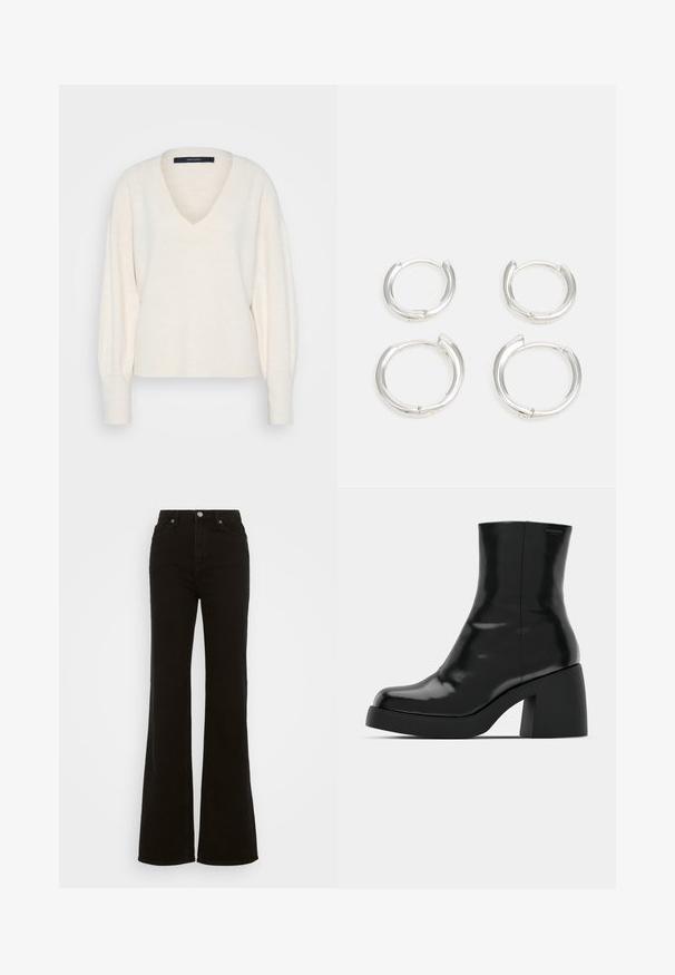 Vero Moda Tall VMJUPITER V NECK PULLOVER - Strickpullover - birch; Hoch taillierte schwarze Schlagjeans aus Denim, mit Knopfverschluss, seitlichen Taschen und glatter Textur.; Schwarze Stiefeletten mit glänzender Oberfläche, quadratischer Zehenpartie und dicker Blockabsatz. Das Design zeichnet sich durch eine nahtlose Silhouette und minimalistische Markenkennzeichnung aus.; Silberne Creolen mit einer glatten, polierten Oberfläche. Zwei Paare mit leicht unterschiedlicher Größe. Einfaches, kreisförmiges Design, leicht im Gewicht.