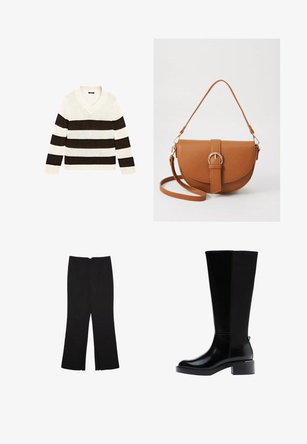 V-ringad randig tröja med växlande breda ränder i kräm och mörkbrun, stickad struktur och långärmar.; Svarta byxor med rak passform, utrustade med framfickor och sidoklyvningar vid fållen. Tillverkade av mjukt, slätt tyg. Lämpliga för olika tillfällen.; Svart knähög stövel med slät läderfinish, framträdande sömmar, klumpig klack och en texturerad bakpanel för extra detalj.; Brun läder crossbody-väska med en böjd form, gyllene detaljer och en spänneaccent. Har en avtagbar axelrem.