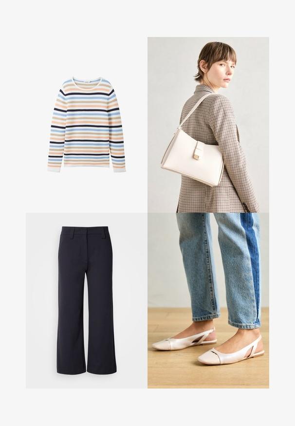 TOM TAILOR NEW OTTOMAN - Neule - peach blue ottoman stripe; Vaatteet leveälahkeiset housut tumman laivastonsinisen kankaan. Ominaisuuksia litteä etuosa, vyölenkit ja sivutaskut. Materiaali on sileä ja siinä on kevyt jousto.; Vaaleanpunaiset slingback-ballerinat, joissa on terävä kärki, valmistettu sileästä nahkamaisesta materiaalista. Sivujen leikkuuyksityiskohdat ja tasapohja.; Valkoinen nahkainen käsilaukku, jossa on jämäkkä muotoilu, magneettinen suljin ja olkahihna, esillä neutraalilla taustalla.