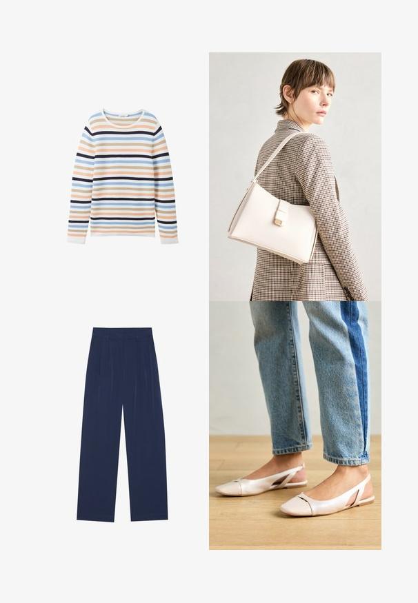 TOM TAILOR NEW OTTOMAN - Neule - peach blue ottoman stripe; Navy siniset leveälahkeiset housut, joissa on pehmeä kangas, etuvaljaat, sileä pinta ja suora malli ilman näkyviä taskuja.; Vaaleanpunaiset slingback-ballerinat, joissa on terävä kärki, valmistettu sileästä nahkamaisesta materiaalista. Sivujen leikkuuyksityiskohdat ja tasapohja.; Valkoinen nahkainen käsilaukku, jossa on jämäkkä muotoilu, magneettinen suljin ja olkahihna, esillä neutraalilla taustalla.