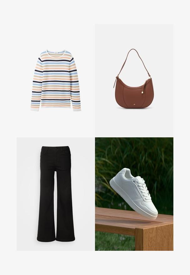 TOM TAILOR NEW OTTOMAN - Džemperis - peach blue ottoman stripe; Juodi plačiakojai kelnės, pagamintos iš džinsinio audinio, su priekinėmis kišenėmis, mygtuko uždarymu ir lygiu paviršiumi, turinčiu tvarkingą apdailą.; Balti sneakeriai su lygia sintetine viršutine dalimi, perforuota pirštų zona, plokščiomis raištelėmis ir tekstūruotu padu, padėti ant medinės paviršiaus.; Ruda dirbtinės odos petinė piniginė su kreiva forma, minimalia siuvimo linija ir auksinės spalvos įranga. Yra užtrauktuko uždarymas viršuje ir reguliuojama petneša.