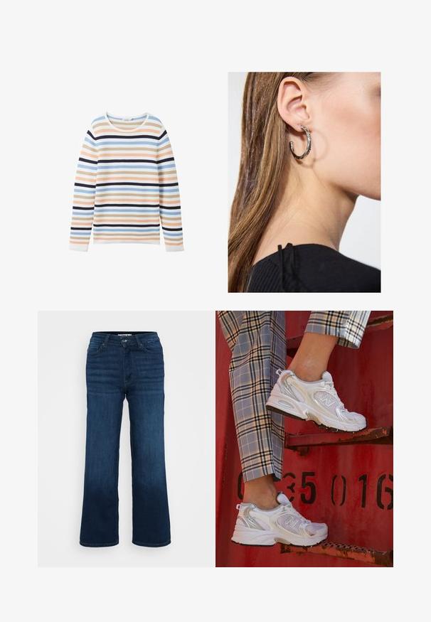 TOM TAILOR NEW OTTOMAN - Strickpullover - peach blue ottoman stripe; ONLY Petite ONLMADISON BLUSH WIDE - Wide Leg - dark blue denim; Weiße Mesh-Sneaker mit silbernen Akzenten und einer strukturierten Sohle, platziert auf einer roten Oberfläche, kombiniert mit karierter Hose.; Silberne Creolen mit polierter Oberfläche, die kleine goldene Akzentdetails und eine runde Form aufweisen, am Ohrläppchen getragen.