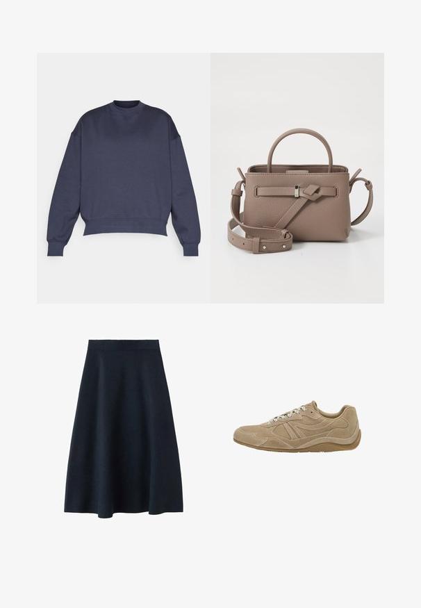 Tmavě modrá mikina se zaobleným výstřihem, spadlými rameny a žebrovanými manžetami. Vyrobena z měkké, texturované tkaniny s volným střihem.; Tmavě modrá midi sukně vyrobená z hladké látky, s přiléhavým páskem a rozšířeným tvarem, bez viditelných vzorů nebo ozdob.; Béžové semišové tenisky s nízkým profilem, texturovaným povrchem a bílými tkaničkami. Mají zakřivený design a gumovou podrážku pro lepší přilnavost.; Taupe texturovaná kožená kabelka s horním uchopem, nastavitelným ramenním popruhem a dekoračním detailem uzlu na čistém bílém pozadí.