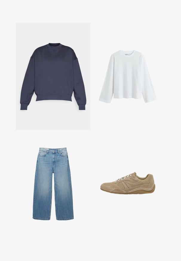 Tmavomodrá mikina so okrúhlym výstrihom, spustenými ramenami a rebrovanými manžetami. Vyrobená z mäkkej, textúrovanej látky s uvoľneným strihom.; Biela, dlhá rukávová tričko vyrobené z jemnej bavlny, s okrúhlym výstrihom a dizajnom s padnutými ramenami, uvoľneného strihu a bez viditeľných vzorov.; Svetlomodré široké džíny vyrobené z denimu, s klasickým dizajnom piatich vreciek a zapínaním na gombík. Vyblednutá textúra po celom povrchu.; béžové semišové tenisky s nízkym profilom, textúrovaným povrchom a bielymi šnúrkami. Majú zakrivený dizajn a gumovú podrážku pre lepšiu priľnavosť.