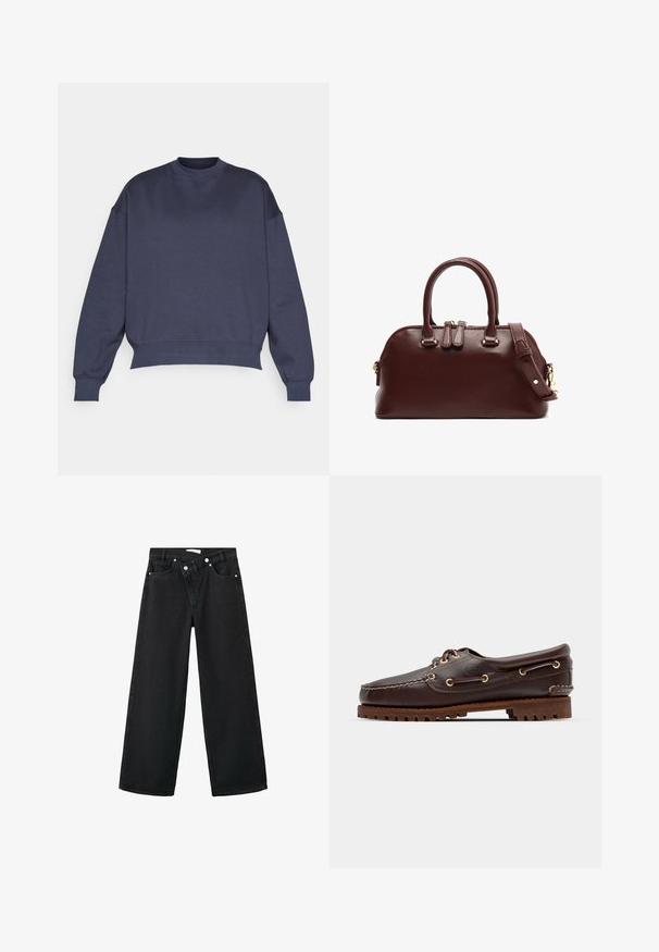 Tmavomodrá mikina so okrúhlym výstrihom, spustenými ramenami a rebrovanými manžetami. Vyrobená z mäkkej, textúrovanej látky s uvoľneným strihom.; Čierne riflové džínsy s vysokým pásom a širokým strihom, štýl s piatimi vreckami a striebornými kovovými detailmi na prednej strane pre zapínanie.; Hnedé kožené loďkové topánky so zlatými očkami, okrúhlymi šnúrkami a štruktúrovanou hnedou gumovou podrážkou. Obsahuje prešívané detaily a vyvýšené logo.; Bordová kožená kabelka s dvoma hornými uchami, odnímateľným ramenným popruhom, zlatými kovovými detailmi a okrúhlym tvarom. Zipsové uzatváranie.