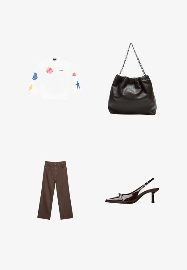 Biała bluza z długim rękawem z kolorowymi nadrukami graficznymi: różowe serce z płomieniami, niebieskie i czerwone usta, niebieska gwiazda i żółte błyskawice.; Szerokie brązowe dżinsy wykonane z denimu, z wysokim stanem, przednimi kieszeniami i klasycznym zapięciem na guzik. Gładka faktura z subtelnym przeszyciem.; Brązowe lakierowane sandały z odkrytymi palcami, o spiczastym nosku, niskim obcasie i ozdobnym kokardkowym akcentem z przodu. Gładka, błyszcząca tekstura.; Brązowa skórzana torba z marszczonym szczytem i łańcuszkowym paskiem. Gładka tekstura z błyszczącym wykończeniem i subtelnymi detalami szwów po bokach.